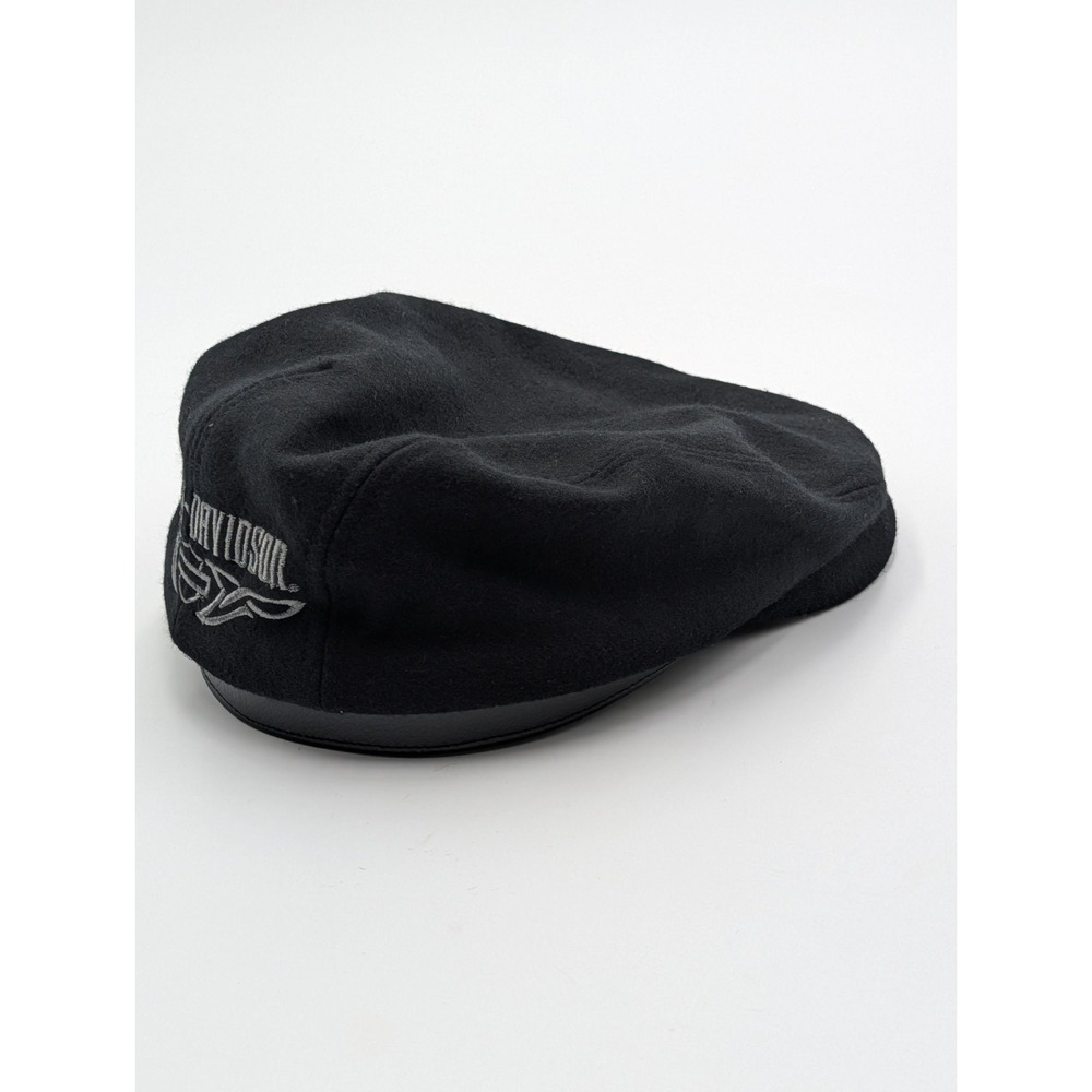 Harley-Davidson Wool Blend Newsboy Cap Size M Black Leather Trim Embroidered